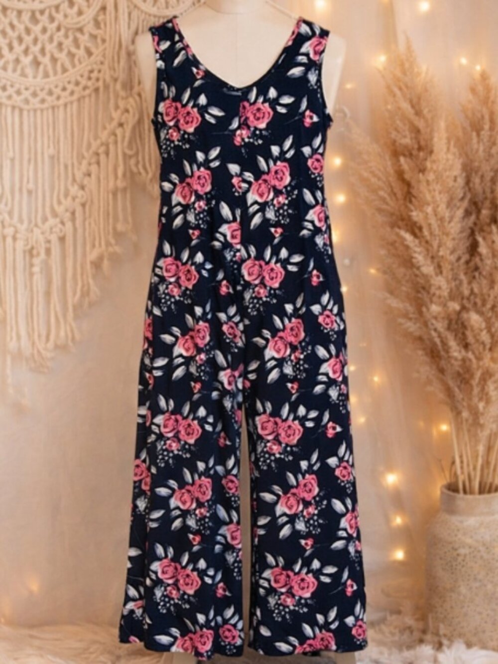 LuLaRoe Navy Pink Dark Floral Pull-On Pants Jumpsuit S Oversized Boho Casual